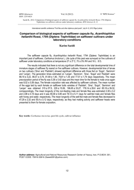 Diptera: Tephritidae) on Safflower Cultivars Under Laboratory Conditions