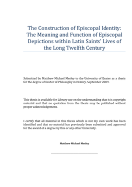 The Construction of Episcopal Identity: the Meaning and Function of Episcopal Depictions Within Latin Saints’ Lives of the Long Twelfth Century