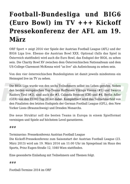 Football-Bundesliga Und BIG6 (Euro Bowl) Im TV +++ Kickoff Pressekonferenz Der AFL Am 19