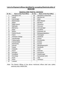 List of E-Payment Offices Identified for Accepting Electricity Bills of MESCOM