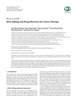 RNA Editing and Drug Discovery for Cancer Therapy