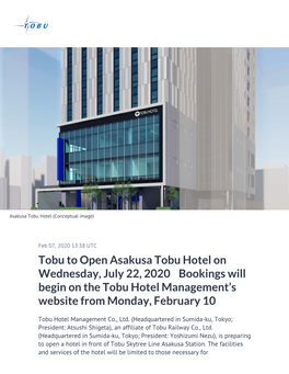Tobu to Open Asakusa Tobu Hotel on Wednesday, July 22, 2020 Bookings Will Begin on the Tobu Hotel Management’S Website from Monday, February 10