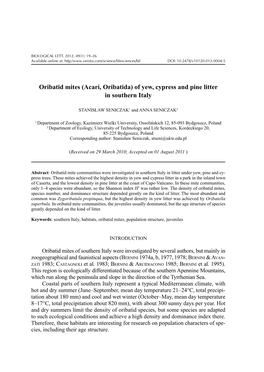 Oribatid Mites (Acari, Oribatida) of Yew, Cypress and Pine Litter in Southern Italy