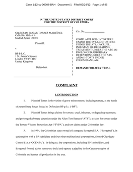 COMPLAINT for (1) TORTURE ) UNDER the TVPA, (2) TORTURE Plaintiff, ) UNDER the ATS, (3) CRUEL, ) INHUMAN, OR DEGRADING V