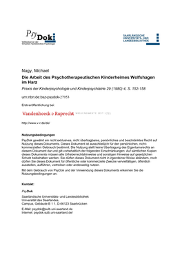 Nagy, Michael Die Arbeit Des Psychotherapeutischen Kinderheimes Wolfshagen Im Harz Praxis Der Kinderpsychologie Und Kinderpsychiatrie 29 (1980) 4, S