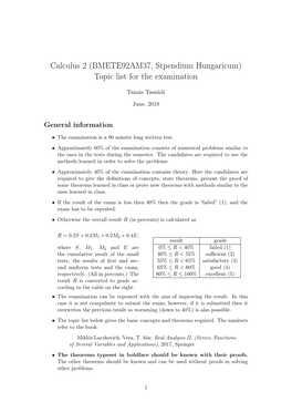 Calculus 2 (BMETE92AM37, Stpendium Hungaricum) Topic List for the Examination