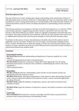 American Folk Music Subject: Music Grade Level/Course: Grade 7/8 Chorus