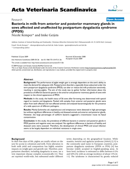 Bacteria in Milk from Anterior and Posterior Mammary Glands in Sows Affected and Unaffected by Postpartum Dysgalactia Syndrome (PPDS) Nicole Kemper* and Imke Gerjets