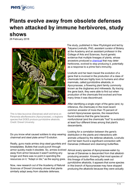 Plants Evolve Away from Obsolete Defenses When Attacked by Immune Herbivores, Study Shows 26 February 2018