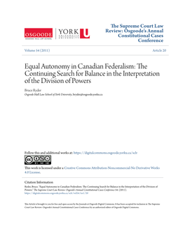 Equal Autonomy in Canadian Federalism: the Continuing Search for Balance in the Interpretation of the Division of Powers