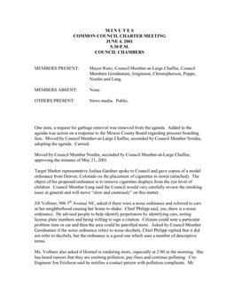 M I N U T E S Common Council Charter Meeting June 4, 2001 5:30 P.M