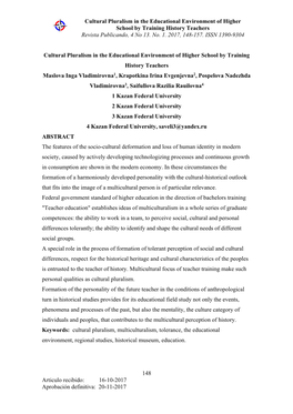 Cultural Pluralism in the Educational Environment of Higher School by Training History Teachers Revista Publicando, 4 No 13