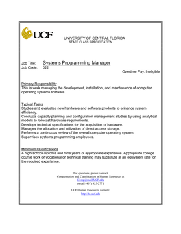 Systems Programming Manager Job Code: 022 Overtime Pay: Ineligible