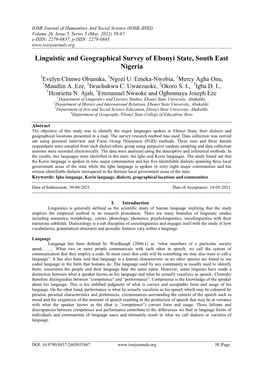 Linguistic and Geographical Survey of Ebonyi State, South East Nigeria