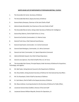 White House List of Participants at Pentagon Meeting, 7/6/2015