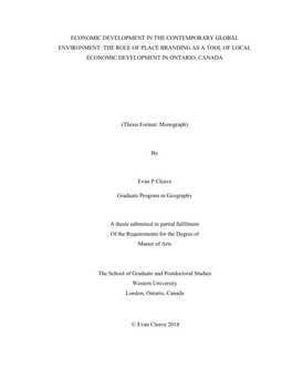 The Role of Place Branding As a Tool of Local Economic Development in Ontario, Canada