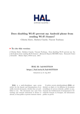 Does Disabling Wi-Fi Prevent My Android Phone from Sending Wi-Fi Frames? C´Elestinmatte, Mathieu Cunche, Vincent Toubiana