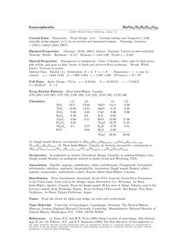 Leucosphenite Bana4ti2b2si10o30 C 2001 Mineral Data Publishing, Version 1.2 ° Crystal Data: Monoclinic