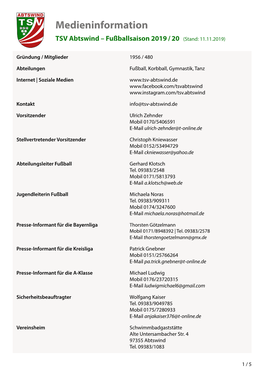 Medieninformation TSV Abtswind – Fußballsaison 2019 / 20 (Stand: 11.11.2019)