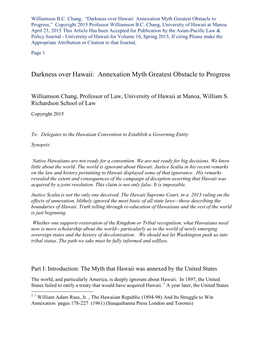 Darkness Over Hawaii: Annexation Myth Greatest Obstacle to Progress,” Copyright 2015 Professor Williamson B.C