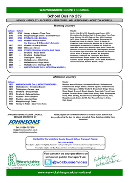 School Bus No 239 HENLEY - STUDLEY - ALCESTER - STRATFORD - WELLESBOURNE - MORETON MORRELL