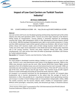 Impact of Low Cost Carriers on Turkish Tourism Industry1