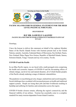 Pacific Islands Forum General Statement for the High Level Political Forum 2021