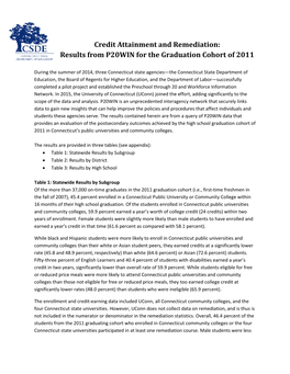 Credit Attainment and Remediation: Results from P20WIN for the Graduation Cohort of 2011