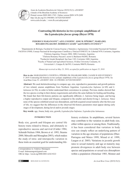 Contrasting Life-Histories in Two Syntopic Amphibians of the Leptodactylus Fuscus Group (Heyer 1978)