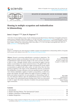 Housing in Multiple Occupation and Studentification in Johannesburg