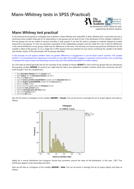 Mann-Whitney Tests in SPSS (Practical) Centre for Multilevel Modelling the Development of This E-Book Has Been Supported by the British Academy