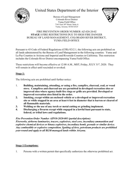 Fire Prevention Order Number Az-020-20-02 Stage 1 Fire Restrictions Due to High Fire Danger Bureau of Land Management, Colorado River District, Yuma Field Office