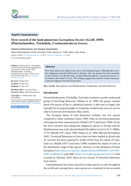 First Record of the Land Planarian Caenoplana Bicolor (Graff, 1899) (Platyhelminthes, Tricladida, Continenticola) in Greece