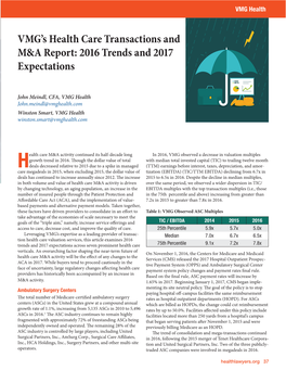 VMG's Health Care Transactions and M&A Report: 2016 Trends and 2017 Expectations