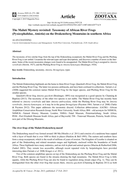 Taxonomy of African River Frogs (Pyxicephalidae, Amietia) on the Drakensberg Mountains in Southern Africa