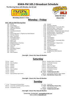 KIWA-FM 105.3 Broadcast Schedule Monday