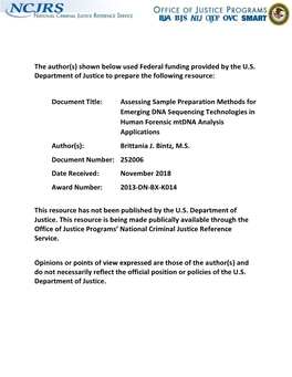 Assessing Sample Preparation Methods for Emerging DNA Sequencing Technologies in Human Forensic Mtdna Analysis Applications Author(S): Brittania J