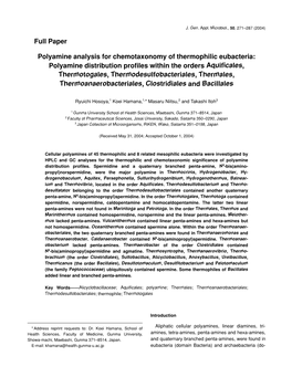 Polyamine Analysis for Chemotaxonomy of Thermophilic Eubacteria: Polyamine Distribution Profiles Within the Orders Aquificales, Thermotogales, Thermodesulfobacteriales, Thermales