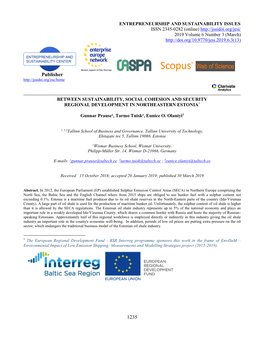 Between Sustainability, Social Cohesion and Security Regional Development in Northeastern Estonia*