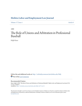 The Role of Unions and Arbitration in Professional Baseball Ralph Kiner
