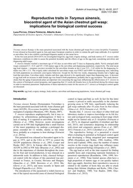 Reproductive Traits in Torymus Sinensis, Biocontrol Agent of the Asian Chestnut Gall Wasp: Implications for Biological Control Success