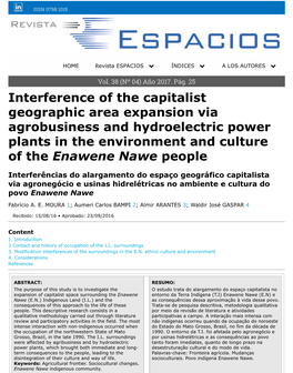 Interference of the Capitalist Geographic Area Expansion Via Agrobusiness and Hydroelectric Power Plants in the Environment and Culture of the Enawene Nawe People