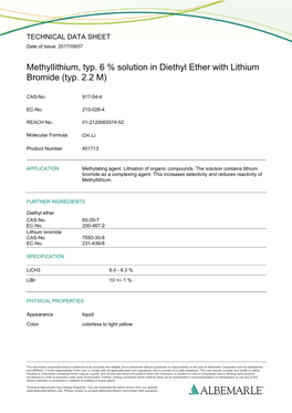 Methyllithium, Typ. 6 % Solution in Diethyl Ether with Lithium Bromide (Typ