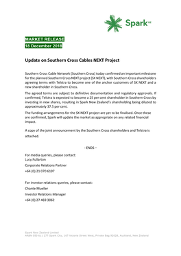 Update on Southern Cross Cables NEXT Project