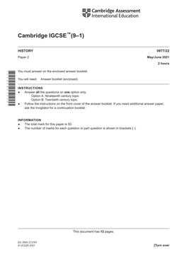 IGCSE (9-1) History 0977/22 Paper 2 May/Jun 2021