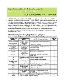 Wisconsin Pest Survey Report FRUIT & VEGETABLE DISEASE SURVEY