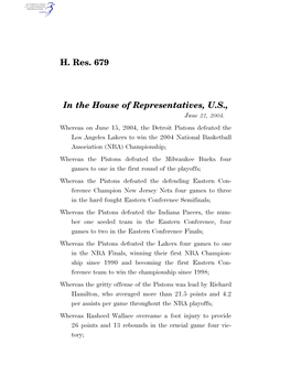 H. Res. 679 in the House of Representatives, U.S