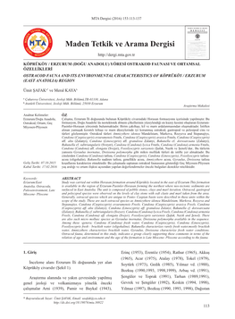 Köprüköy / Erzurum (Doğu Anadolu) Yöresi Ostrakod Faunası Ve Ortamsal Özellikleri Maden Tetkik Ve Arama Dergisi