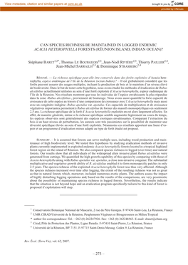 Can Species Richness Be Maintained in Logged Endemic Acacia Heterophylla Forests (Réunion Island, Indian Ocean)?