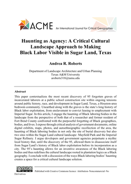 A Critical Cultural Landscape Approach to Making Black Labor Visible in Sugar Land, Texas